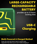 Close-up of Cross Line Laser Level With Rechargeable 2200 mAh Battery Type C Charging, showing USB-C port and charge details