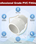 Three Quarter Inch PVC Pipe Fitting NPT Male Thread Adapter Slip Coupling for Furniture Assembly and Irrigation SCH40 White Leak Free