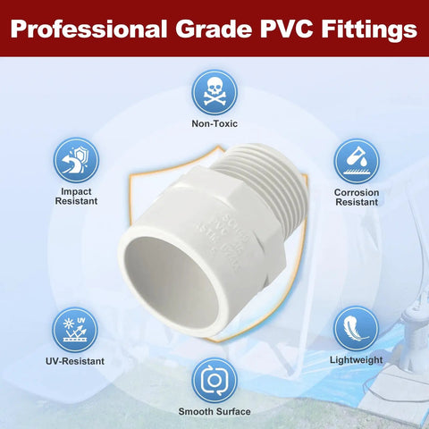 Three Quarter Inch PVC Pipe Fitting NPT Male Thread Adapter Slip Coupling for Furniture Assembly and Irrigation SCH40 White Leak Free