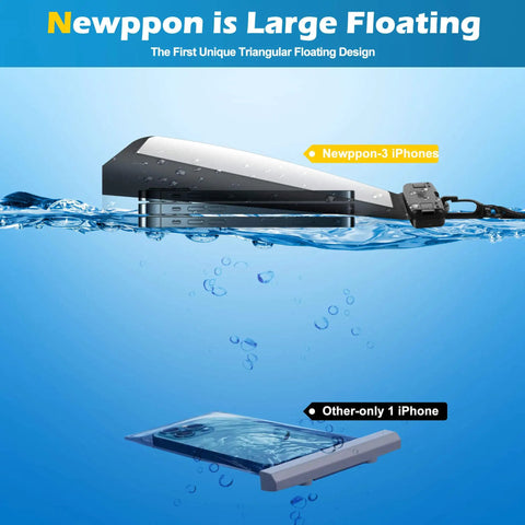 4 Pack Floating Waterproof Phone Pouches With Triangular Buoyancy Design shown floating in water, featuring large capacity for iPhones.