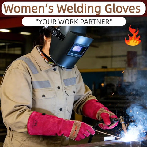 Woman welding while wearing Long Leather Gardening Gloves For Women With Rose Pruning Design Heat Resistant Heavy Duty Work Gloves