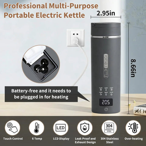 Travel Electric Kettle With 6 Temperature Presets, LCD Display, 304 Stainless Steel, 450ml Capacity shown plugged in upright