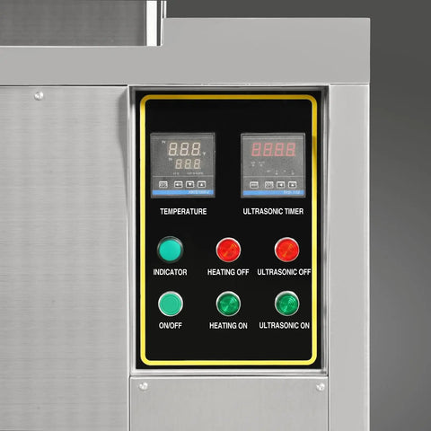 Industrial Ultrasonic Parts Washer UC81B Heavy Duty Workhorse Built For 81 Gallon Tank With 28KHz Power, 40 Transducers, SS304 Build, 10kW Heater, 208 240V Three Phase For Deep Cleaning Metal And Precision Parts. Control panel with temperature and ultrasonic timer displays