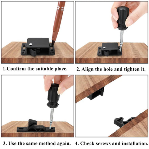 Installation steps for Heavy Duty RV Drawer Latches And Cabinet Door Catches 20 Pack With 10 Lbs Hold Power Includes Mounting Screws.