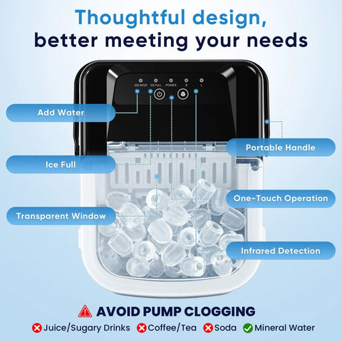 Portable Countertop Ice Maker With Handle Serving Up Fresh Bullet Ice In Under Ten Minutes Delivering Twenty Six Pounds Daily, showing control panel and bullet ice.