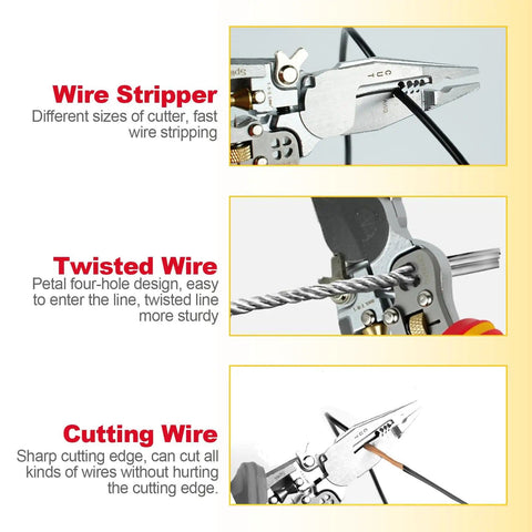 All In One Wire Stripper And Voltage Tester Pliers showing wire stripper, twisted wire, and cutting wire features