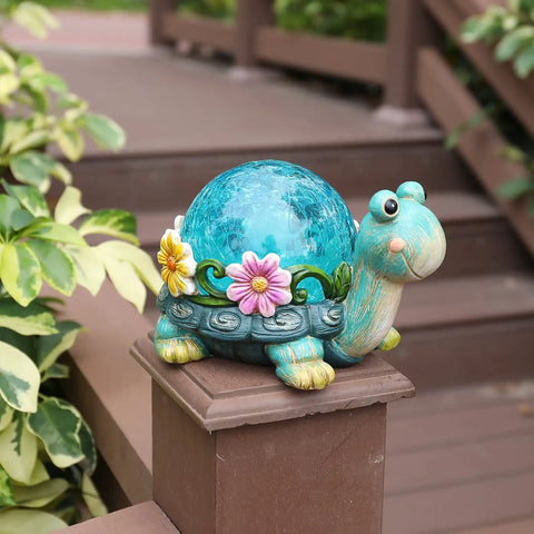 Garden Turtle Statue Outdoor Decor Resin Figurine With Glass Solar Lights for patio, featuring colorful floral details.