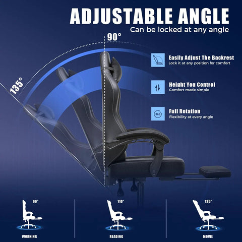 All Day Comfy Ergonomic Gaming Chair With Footrest And Recline Headrest And Lumbar Support Linkage Armrests Heavy Duty 350 Lbs Capacity High Back Office Chair For Home Use Black showing adjustable angle feature