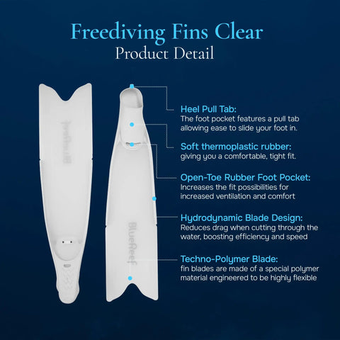 Freediving Fins With Full Foot Design For Secure, Comfortable Fit, Non Vented Blade Delivers Beefed Up Propulsion For Efficient Underwater Movement, Clear Finish For Snorkeling And Spearfishing, Size 39 To 40 alongside detailed product specifications.