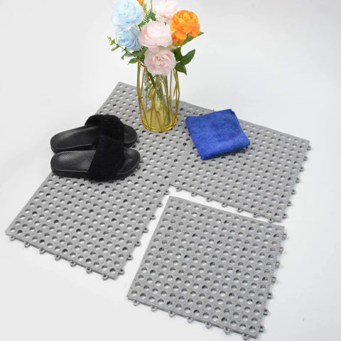24 Pack Drainage Floor Mats With Interlocking Cushions, Non Slip PVC Mats for Bathroom Shower, Grey interlocking design with accessories