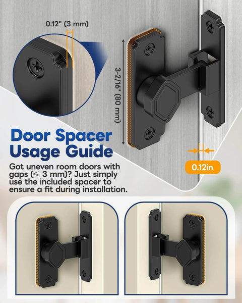 Built Tough Aluminum Pocket Door Lock With 90 Degree Flip Latch installed with spacer, showing door gap measurement guide.