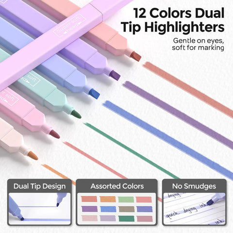 12 pastel highlighters from All In One 50 Piece School Supplies Stationery Set, showcasing dual-tip design and assorted colors