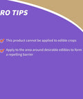 Image with pro tips for Outdoor Chipmunk Squirrel and Rodent Repellent Spray 32 Oz Ready to Spray Formula, cautioning against edible crops application.
