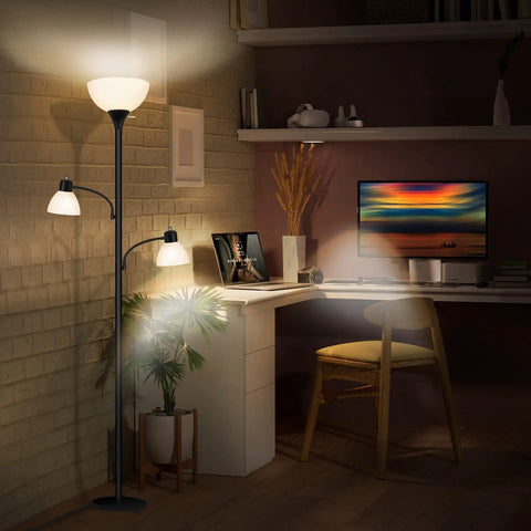 Tall Torchiere Floor Lamp With 8W Adjustable Reading Lights Industrial Tree Style Black Floor Lamp For Living Room Bedroom And Office 72 Inch Standing Lamp With Three Bulbs Included in a cozy home office setting.