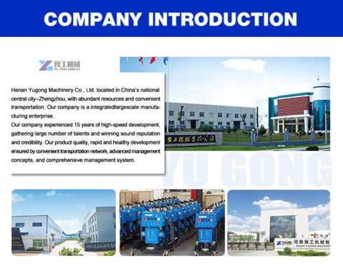 Henan Yugong Machinery Co., Ltd. facility collage with company introduction text overlay.