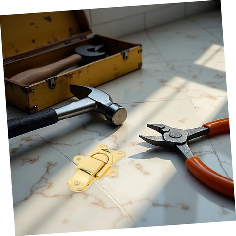 Stunning 2Pcs Vintage Duckbilled Hasp Latch Set, Heavy Duty Zinc Alloy Golden Toggle Lock on a workbench with tools.