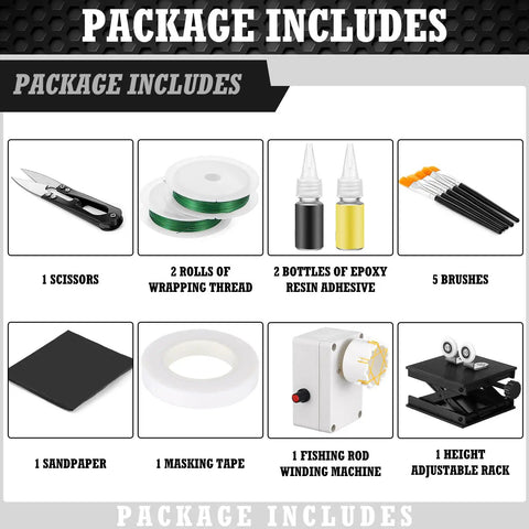 Package contents of DIY Fishing Rod Repair Kit With Winding Machine And Adjustable Rack Including Epoxy Resin Adhesives, Wrapping Thread, Scissors