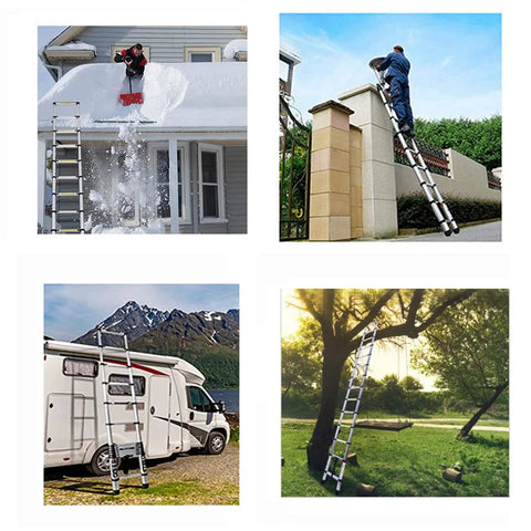 14.5 Ft Telescoping Aluminum Ladder For Home Or Outdoor Use, Foldable Portable Extension With 330 Lb Capacity, Easy Carry Strap, Compact Storage, Lightweight Yet Durable For DIY Projects And Everyday Tasks. Telescoping aluminum ladder shown for roof, gate, RV, and tree use