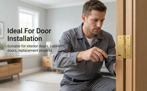 Four Pack Gold Door Hinges 3 Inch Stainless Steel Butt Hinges being installed on a wooden door by a person using a screwdriver.