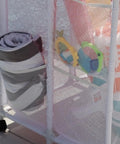 Weather Resistant Pool Storage Organizer Bin With Mesh Rolling Double Deck Rack Noodle Holder For Noodles Toys Balls And Floats Large Outdoor Pool Gear Storage White 35.3 Inches Wide 23 Inches Long 59.4 Inches High with towels and toys visible.