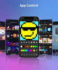 LED Pixel Display Panel For RGB Light Bars With Smart App Control showcasing pixel art animations and color options on smartphone.