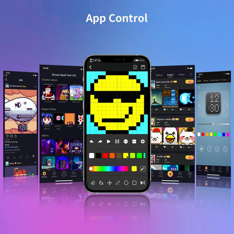 LED Pixel Display Panel For RGB Light Bars With Smart App Control showcasing pixel art animations and color options on smartphone.