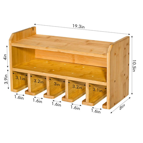Drill Charging Station and Wall Mounted Tool Organizer for Power Tools, wooden with five hanging slots, dimensions shown.