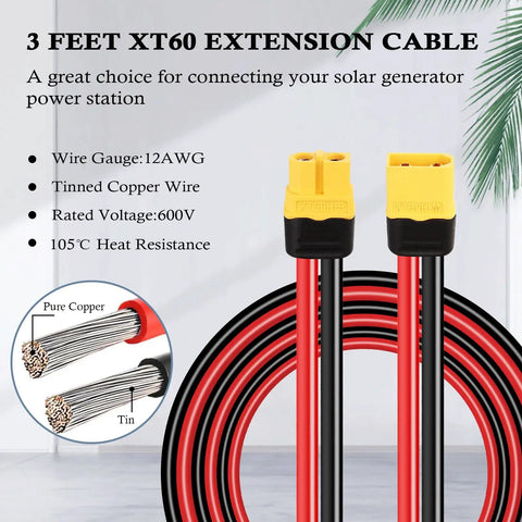 3 feet XT60 extension cable with 12 AWG tinned copper wire, pro grade heavy duty heat resistant PVC jacket for RC battery