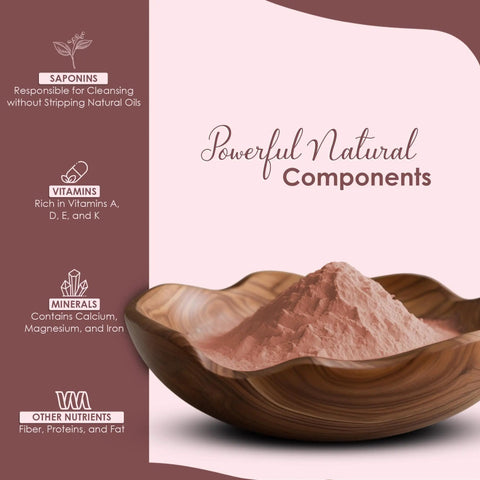 Wooden bowl containing organic Aritha Soap Nut Powder for silky hair, highlighting powerful natural components and nutrients.