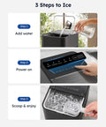 Fast Countertop Ice Maker Turns Out Eight Bullet Shaped Cubes In Six Minutes. Steps shown: adding water, powering on, scooping ice.