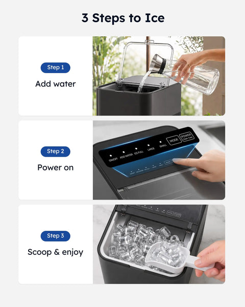 Fast Countertop Ice Maker Turns Out Eight Bullet Shaped Cubes In Six Minutes. Steps shown: adding water, powering on, scooping ice.