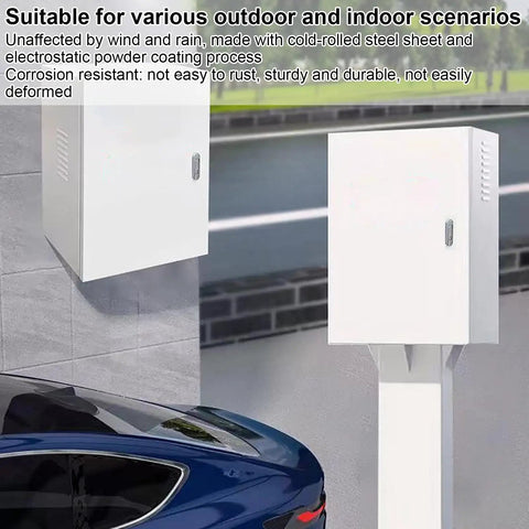 Heavy Duty Outdoor Electric Vehicle Charger Enclosure Rugged Cold Rolled Steel Weather Lock Box on wall and post.