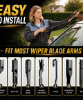 A woman installing Slick And Rugged Neoprene Windshield Wiper Blades 22 Inch 2 Pack, shown with various wiper arm fittings.