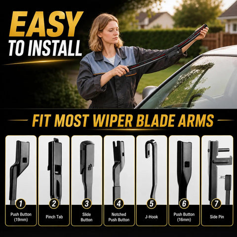 A woman installing Slick And Rugged Neoprene Windshield Wiper Blades 22 Inch 2 Pack, shown with various wiper arm fittings.
