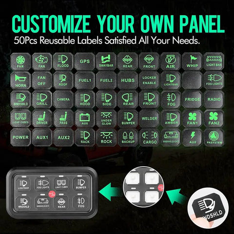 Customized labels for 8 Gang Car Switch Panel With LED Automatic Dimmable Backlight Universal Switch Box For Truck ATV UTV SUV.