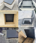 Tough As Nails Roof Hatch Cover With Beefy Hydraulic Lift Supports And Rust Resistant Aluminum Steel Dark Grey flat access panel on rooftop.