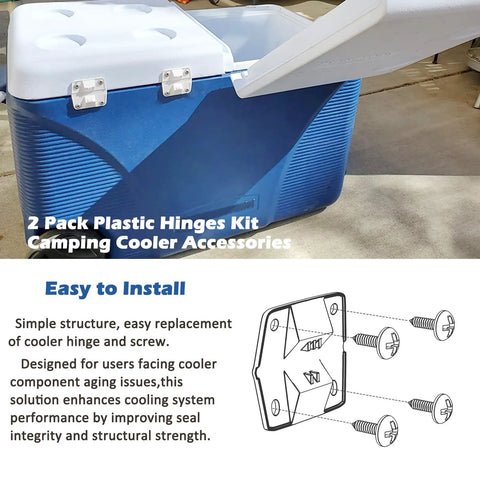 Durable Cooler Replacement Parts Kit With Plastic Hinges And Drain Plug Assembly For 1 Inch Shaft Length, 1 And 2 Pack, Part Number R5214D607G, Compatible With Various Cooler Models, Easy DIY Repair; cooler with installed hinges and open lid