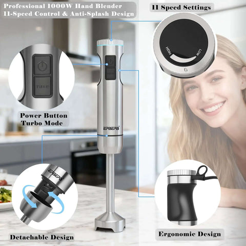 Kickass Handheld Immersion Blender With 1000W Brushless Motor And 11 Speeds Anti Splash Design showcasing power button and speed settings.