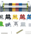 DIN Rail Terminal Block Kit Set With 20 UK2.5B 12 AWG Terminal Blocks 20A 600V Ground Blocks Jumpers End Covers End Brackets Marker Strips And Rail Mount Bundle For Quick Electrical Wiring with assorted components and rail visible