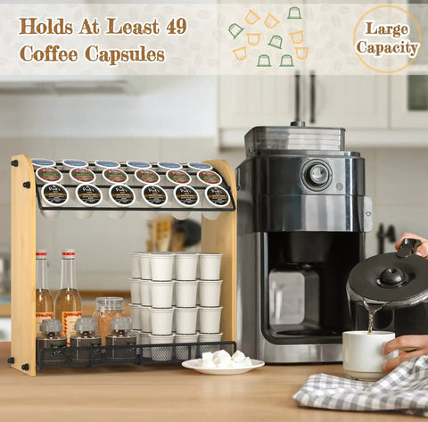 Large Capacity K Cup Holder And Coffee Pod Organizer In Natural Bamboo, Space Saving Counter Storage in kitchen