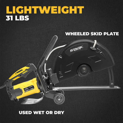 Powerful 3200W Electric 16 Inch Circular Saw For Concrete Wet And Dry Cutting With Water Line Attachment shown from side view