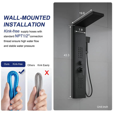 Slick Matte Black 4 In 1 Shower Panel Tower Featuring Killer Massage Jets Rainfall Head And Handheld Wand For A Game Changing Modern Bathroom Upgrade Setup
