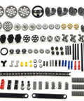 Tech Gear Kit With 116 Pieces For DIY Ready Builds Compatible With Mindstorms And Other Kits Including Gears Axles Rack Gears Pins Connectors Rails And Eco Friendly Friction Pins For Custom Cars And MOC Creations visible with various gears, axles, connectors, and rails arranged neatly.