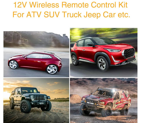 Wireless Winch Remote Control Kit 12V for ATV, SUV, Truck, Jeep, Car with red and black vehicles in outdoor terrain.