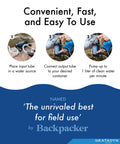 Hiker Pro Transparent Hand Pump Water Filter For Camping And Backpacking, usage steps showing convenient water filtering process
