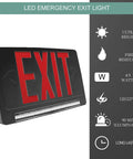 Ultra Bright Battery-Backed LED Exit Sign With Indoor Emergency Lighting And Chevron Arrow, Energy-Efficient Battery Powered Exit Sign For Biz, Adjustable Light Pipe, Black Housing, showing red letters and light specifications
