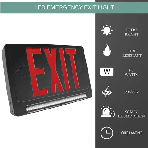 Ultra Bright Battery-Backed LED Exit Sign With Indoor Emergency Lighting And Chevron Arrow, Energy-Efficient Battery Powered Exit Sign For Biz, Adjustable Light Pipe, Black Housing, showing red letters and light specifications