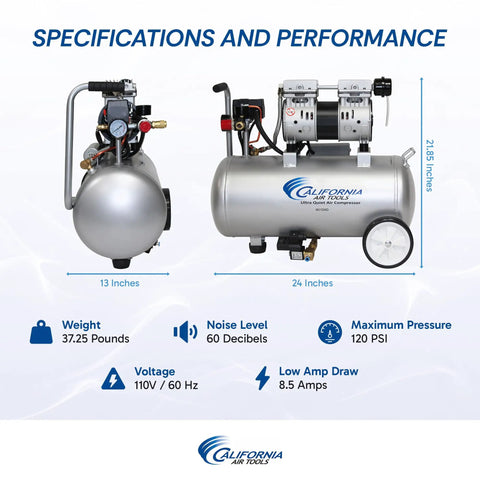 Ultra Quiet Oil Free Air Compressor With 1 Point 0 Hp Motor And 8 Gallon Aluminum Tank, showing specs and performance details.