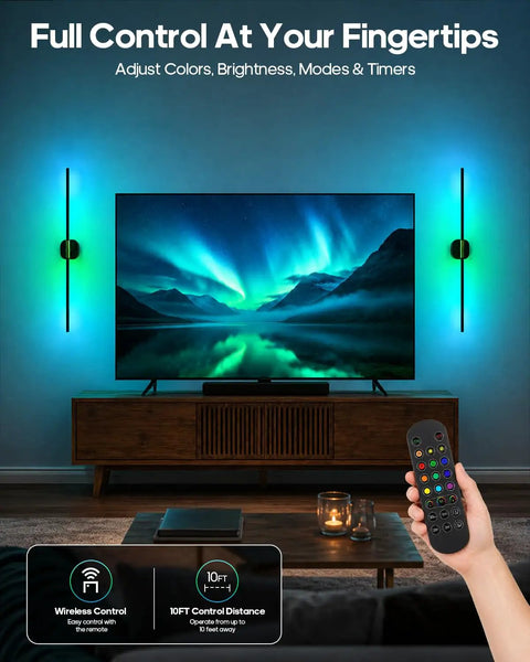 GOODEA Rechargeable RGB Wall Sconce with 2 Replaceable Batteries next to a TV, showcasing adjustable colors and remote control.
