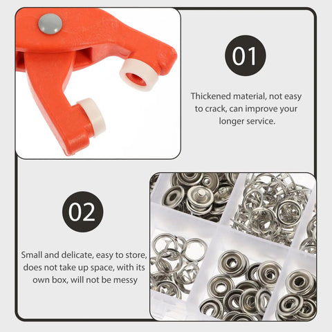 Snap Button Installation Tool Kit With Storage Box For Press Fasteners, orange five-claw plier and metal snaps in compartments